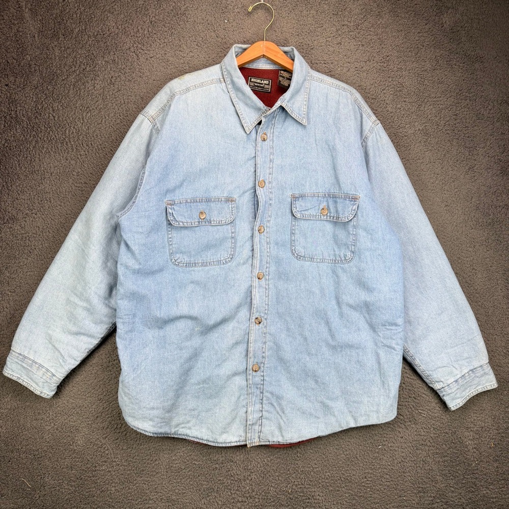 Highland Outfitters Mens XL Blue Chambray Denim Fleece Lined Chore Shirt Jacket